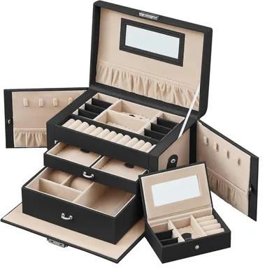 Obrázek produktu pro Šperkovnice s přihrádkami – organizér na šperky – úložný box na šperky – včetně cestovní krabičky – rozměry 26 x 17 x 18 cm – černá barva