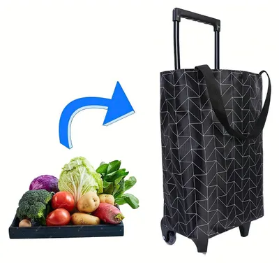 A shopping trolley next to a tray of fresh vegetables, with an arrow indicating the transfer of vegetables into the trolley.