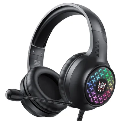 Produktbild von ONIKUMA Gaming-Headset, Plug-and-Play, bunte LED-Leuchten, Mikrofon mit Geraeuschunterdrueckung, atmungsaktiver Schwamm, 40-mm-Treiber, weiche Ohrenschuetzer, leicht, kompatibel mit PC, PS4, PS5, Switch šC 3,5-mm-Audiobuchse