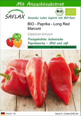Produktbild von SAFLAX - BIO - Paprika - Long Red Marconi - 20 Samen - Mit keimfreiem Anzuchtsubstrat - Capsicum annuum