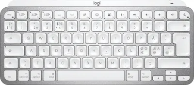 A top-down view of a silver and white Logitech MX Keys Mini keyboard.