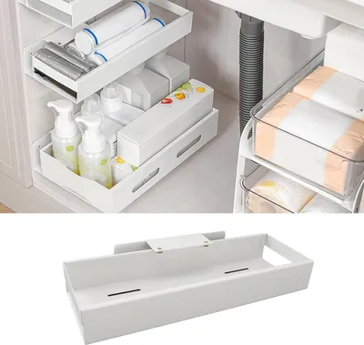 Produktbild von Ausziehbare Schubladen für Schränke - Kohlenstoffstahl ausziehbare Schublade - schwer belastbare Regalplatte - Unterschrankorganisation für Küche, Hauswirtschaftsraum, Badezimmer (weiß)