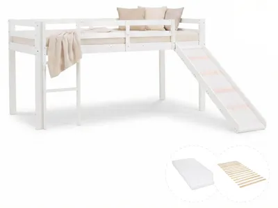 Produktbild von Homestyle4u Hochbett 90x200 Kinder Weiß mit Lattenrost Set mit Matratze ® Standard 100 Rutsche Spielbett