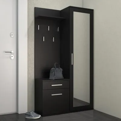 Produktbild von 120 cm breit Kompaktgarderobe Fiora 3-st. Garderoben-Set Garderobenschrank Paneel Schuhschrank inkl. Spiegel, Farbe: Schwarz