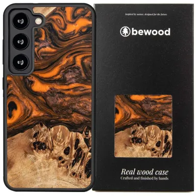 Imagen del producto de Funda de madera y resina para Samsung Galaxy S23 Plus, modelo Unique, color naranja y negro