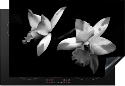 Produktbild von KitchenYeah© Herdabdeckplatte Zwei Orchideenblüten - schwarz und weiß , 76x51cm, Küche Deko, Glaskeramikkochfeld Herdabdeckung, Abdeckplatte fùr Kochfeld