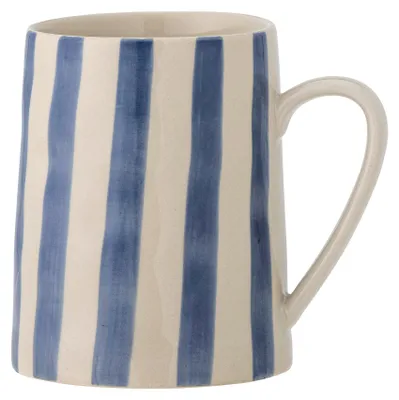 A ceramic mug with blue stripes on a white background.