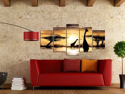 Image de Tableau acoustique Afrique Savane 200 x 100 cm Tableaux Mousse acoustique Absorbeur acoustique haute performance Isolation acoustique Toile 5 pièces Tableau mural Acoustique intérieure Isolation acoustique c-A-0033-b-m