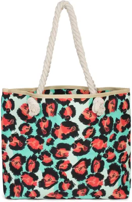 Produktbild von styleBREAKER Strandtasche mit buntem Leoparden Print | Damen Shopper mit Kordelhenkel und Reißverschluss | Badetasche mit Animal Print | 48 x 37 x 12 cm