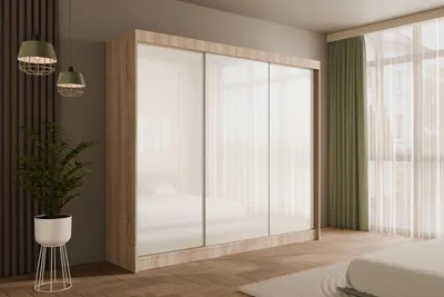 Produktbild von ALTDECOR Kleiderschrank mit Lacobel-Schiebetüren, kugelgelagerte Führungsschienen und Aluminium-Leisten - PEKA - 250 cm Sonoma /  Weiß