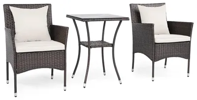 Immagine prodotto di Set da giardino in rattan composto da 3 pezzi con cuscini e tavolo in vetro.