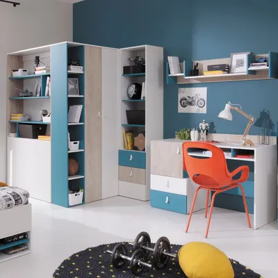 Produktbild von Jugendzimmer Set 4-teilig PITTSBURGH-133 mit begehbarem Kleiderschrank in weiß mit Eiche und blau