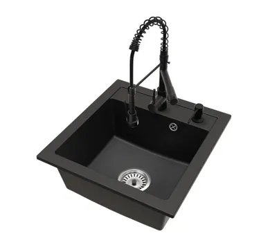 Produktbild von Granitspüle Küchenspüle Schwarz mit DUO Armatur Chrom, Siphon Chrom und Seifenspender