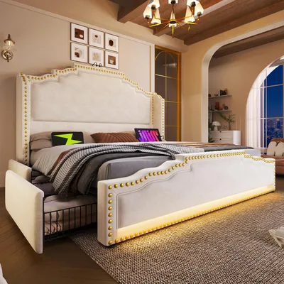Obrázek produktu pro Postel s čalouněnou konstrukcí, rozměry 140x200 cm, dvoulůžko se 4 zásuvkami, LED osvětlením a USB-C nabíjecím portem, úložná postel a postel pro mládež s roštem, materiál: samet, barva: béžová