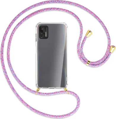 Produktbild von Handykette Backcover-Schutzhülle mit Band (Metall goldfarben) für Motorola Moto G Pro 2021 - lila/rosa/blau
