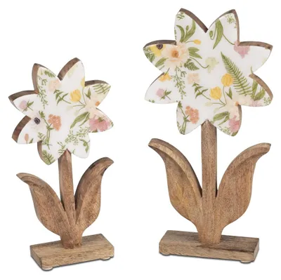 Produktbild von 2er Set Dekoobjekte Blumen H. 22 + 26cm weiß bunt natur Mangoholz Formano F26