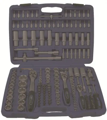 A blue plastic toolbox filled with various tools, including sockets, ratchets, and extensions.