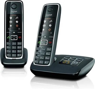 A black Gigaset C530A Duo DECT cordless phone and its base station are displayed against a white background.