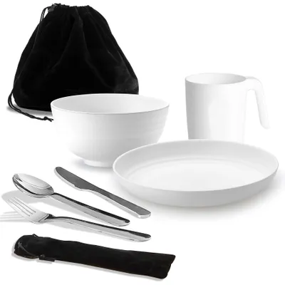 Image de Kit de camping comprenant des couverts, une tasse, un bol et une assiette – idéal pour les activités de plein air