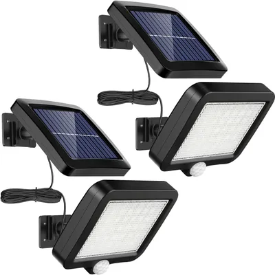 Four solar-powered outdoor lights with motion sensors and separate solar panels are arranged on a white background.