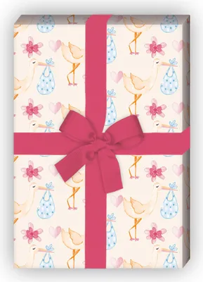 Produktbild von Süßes gemaltes Baby Geschenkpapier mit Storch und Herz, bunt - G11494, 32 x 48cm
