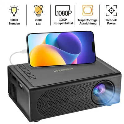 A black mini projector with a smartphone placed on top, displaying a colorful abstract image. The top of the image features marketing icons and text.