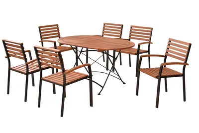 Produktbild von Merxx Gartenmöbelset Schlossgarten 7tlg., 6 Stapelsessel, 1 Klapptisch 140 x 90 cm - Flachstahl/Eukalyptus