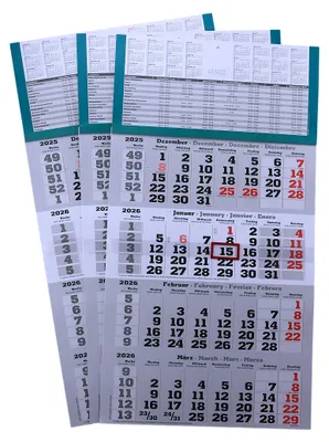 Produktbild von 3 Stück 4 Monats Wandkalender 2026 mit Datumsschieber in Rot, inkl. Ferienübersichten und Jahresüberblick 2026 und 2027, Viermonatskalender werbefrei, 4 Monatskalender