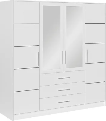 Produktbild von Furniture24 Kleiderschrank Bali D4 Schlafzimmer 4 Türiger Drehtürenschrank 3 Schubkästen Schrank 1 Kleiderstange 8 Einlegeboden Spiegel Weiß