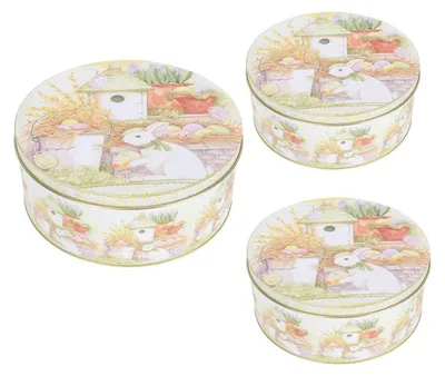Obrázek produktu pro Sada tří kovových kulatých dóz na velikonoční sušenky, průměr 9-12 cm