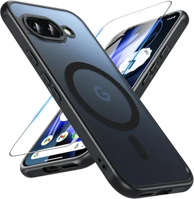 A black phone case with a magnetic ring and a screen protector are shown diagonally against a white background.