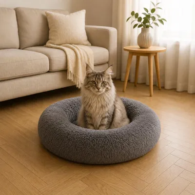 Produktbild von belviona Donut Katzenbett, weiches Katzenkörbchen mit flauschigem Plüsch, rutschfest & gemütlich, 70 cm Durchmesser, dunkelgrau, KI-generiertes Bild
