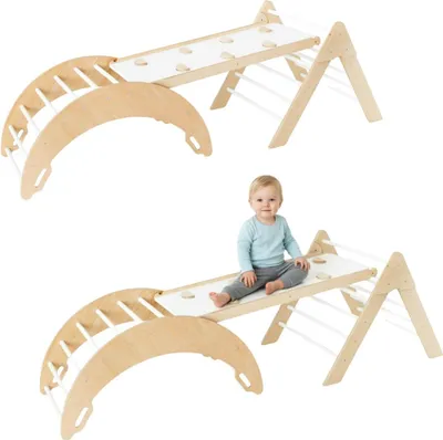 Obrázek produktu pro Šplhací oblouk dřevěná houpačka + skluzavky oboustranné + šplhací trojúhelník pro děti | dětské hřiště | Montessori hračky | houpadlo