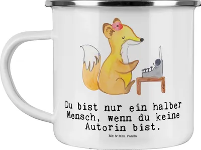 Produktbild von Mr. & Mrs. Panda Emaille Becher Autorin Herz - Weiß - Geschenk, Buchhandlung, Beruf, Buchladen, Motivtasse, Schriftstellerin, Danke, Pott, Witzig, Teetasse, metallbecher