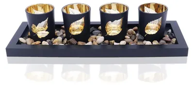 Kandelaarset, 4 Gläser, Holztablett, Natursteine, Tischdeko
