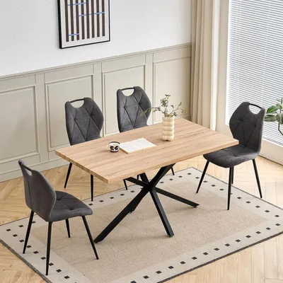 Image de Ensemble de salle à manger 5 pièces : table à manger de 140 cm et 4 chaises, imitation bois clair/gris
