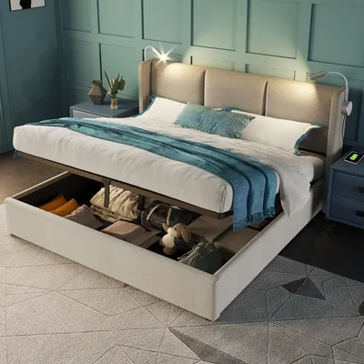 A bedroom scene featuring a bed with storage, bedside tables, and decorative elements.