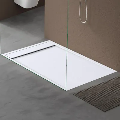 Produktbild von doporro Duschtasse Duschwanne 90x140x3cm aus Mineralguss in Weiß Rechteckig DIN-Anschlüsse für bodenebene Montage geeignet inkl. Ablaufgarnitur AL06 Geoma10