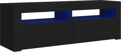 A black media console with blue interior lighting.
