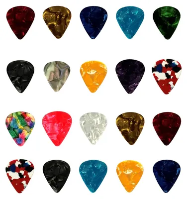 Productafbeelding van 20 stuks celluloid plectrums, verschillende diktes voor gitaar en bas