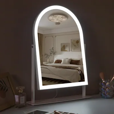 Zdjęcie produktu dla VANITII Zakrzywione lusterko do makijażu LED 30cm x 41cm z oświetleniem Obracane o 360° Ściemniane lusterko do makijażu Lusterko kosmetyczne z oświetleniem 3 kolory światła Biały