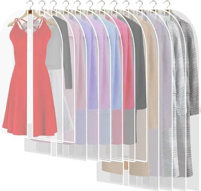 Image de Ensemble de 12 housses de rangement transparentes en EVA avec fermeture éclair, de 3 longueurs différentes, lavables et étanches, respirantes – Housse de protection pour costumes, manteaux, robes (transparent/blanc)