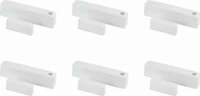 Six sets of white magnetic door/window sensors are arranged in a grid on a white background.