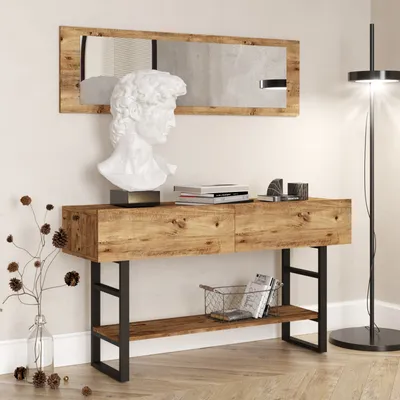 Obrázek produktu pro Skye Decor, moderní konzolový stolek se zrcadlem, 139 x 75,7 x 43 cm, barva Atlantic Pine | 100% melaminem potažená dřevotřísková deska, tloušťka 18 mm | Mnoho polic, další úložný prostor, industriální design.