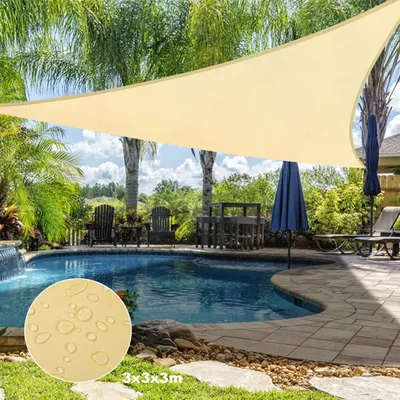 Produktbild von Sonnensegel Wasserdicht Dreieckig 3x3x3M, Sonnenschutz Segeltuch Reißfest 420D Oxford Gewebe Ösen Seile, Windschutz Beige Balkon Garten Camping