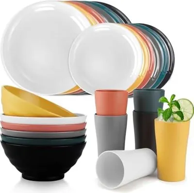 Produktbild von Bestdin Plastik Geschirr Set, 24-teiliges Camping Geschirr Set 6 personen, Unzerbrechlich Picknick Geschirr mit Schüssel Teller und Becher für Camping, Picknick, Party, BPA-Frei|Spülmaschinenfest