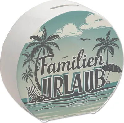 Produktbild von Familien Urlaub Spardose mit Strandmotiv