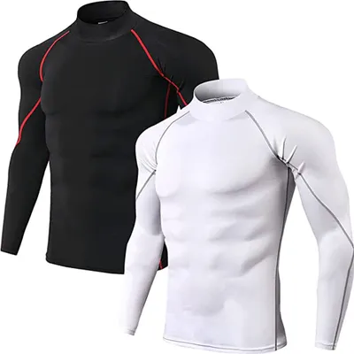 Produktbild von ASKSA 2er Pack Herren Kompression Langarm Stehkragen Wintersport Baselayer T-Shirts Tops, Schwarz/Weiß, L