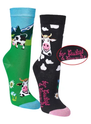 Produktbild von krautwear Herren Damen 2 Paar Lustige Bunte Gemusterte Fun Sneaker Socken Witzige Strümpfe Baumwolle (42-47, Kühe)