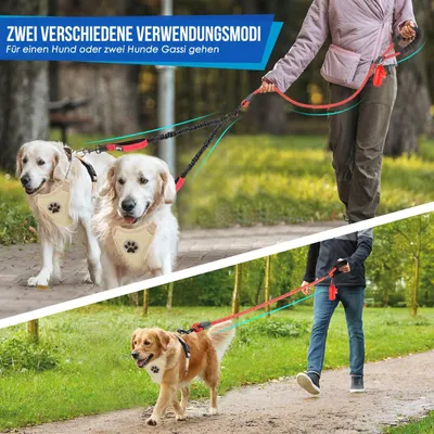 Produktbild von Doppelleine für 2 Hunde, Hundeleine für kleine und mittelgroße Hunde, flexible und reflektierende klettfreie Hundeleine mit 2 gepolsterten Handgriffen für Hunde von 3 bis 16 kg (rot)